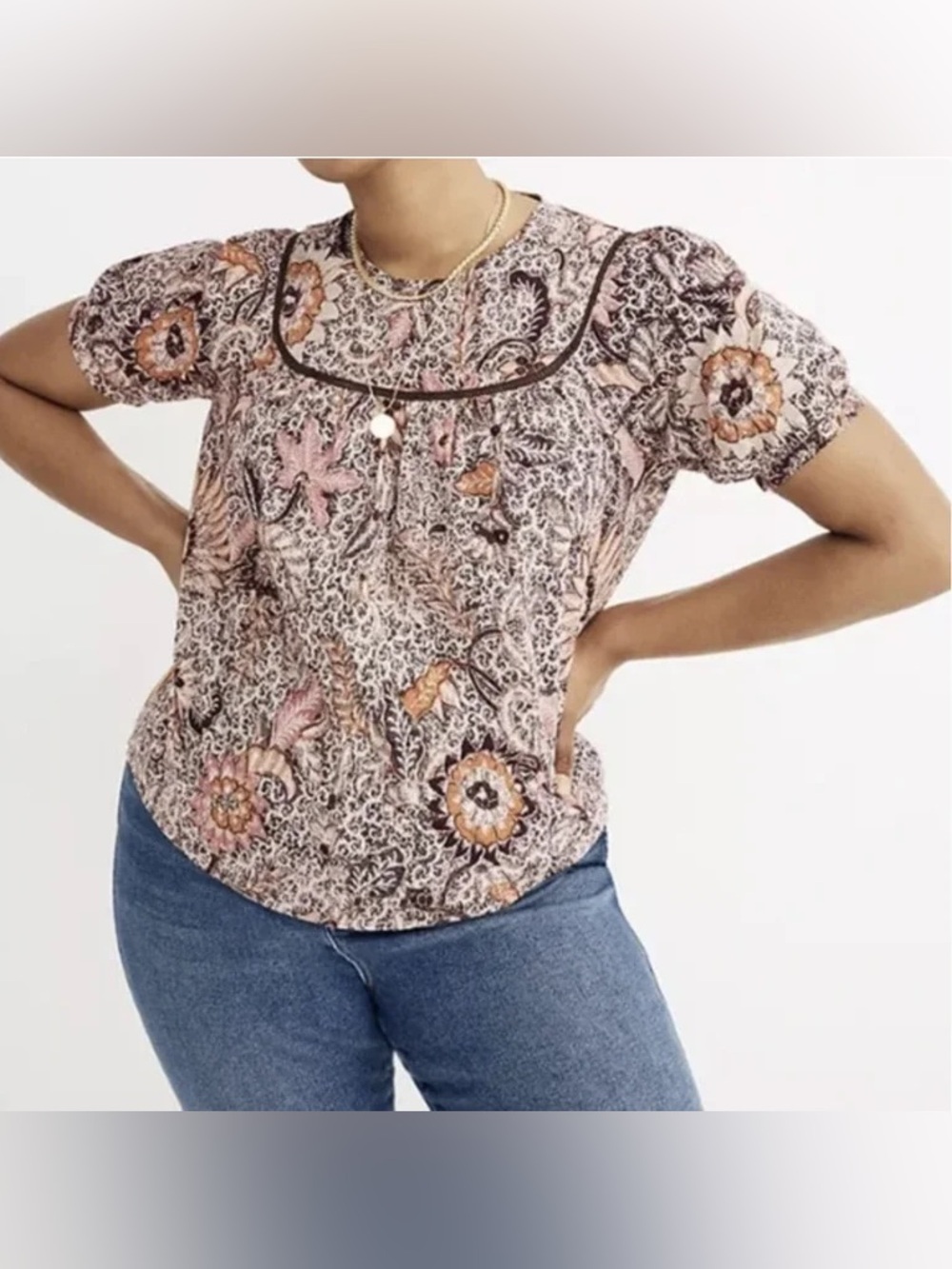 Madewell Floral Boho Peasant Blouse Medium Pink Purple Short Sleeve Top